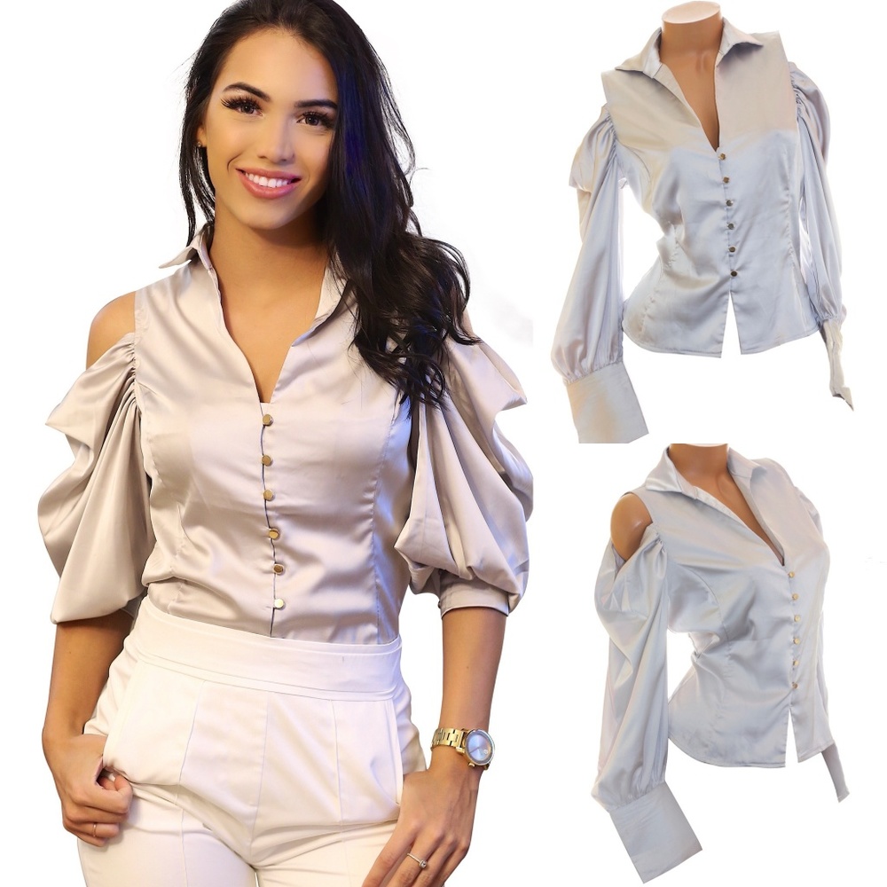 Nylon Stretch Satin Cold Shoulder Detailed Shirt